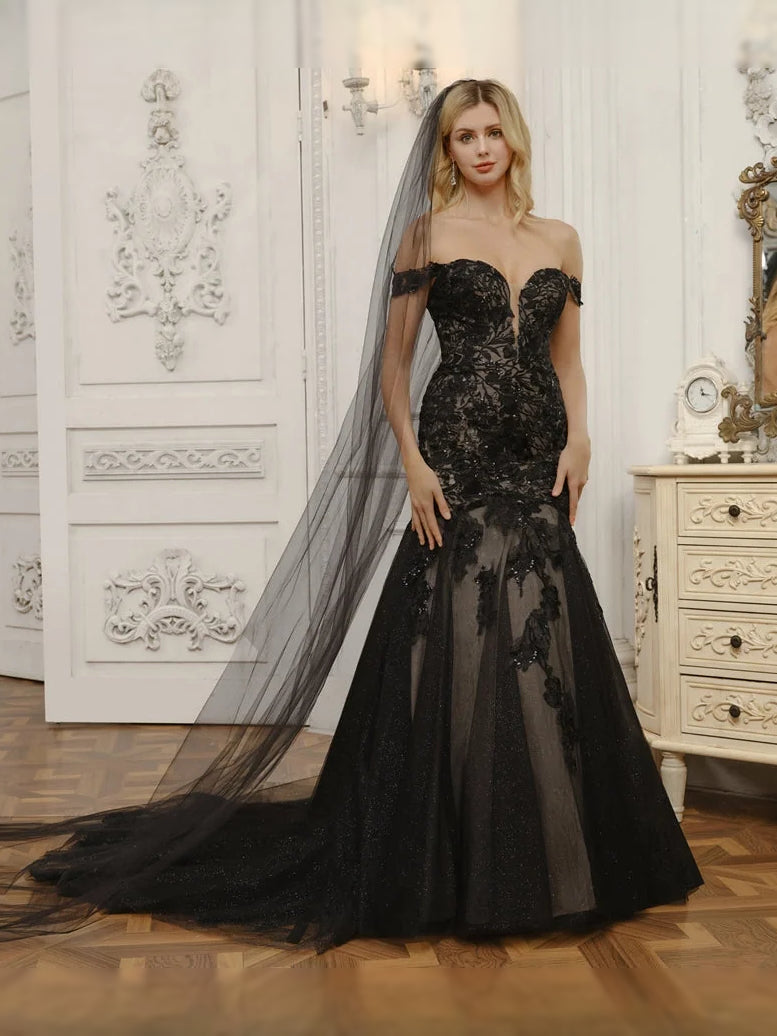 Black floor-length wedding dress, alternate view showing the overall dress design