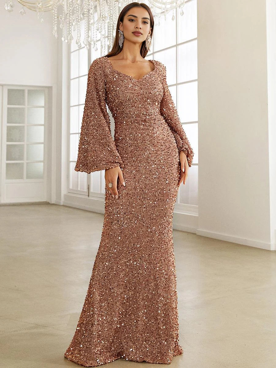 Gold mermaid floor-length formal dress with sequins, alternate view showing the waist