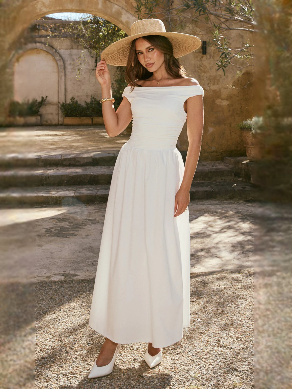 White midi formal dress, alternate view showing the waist