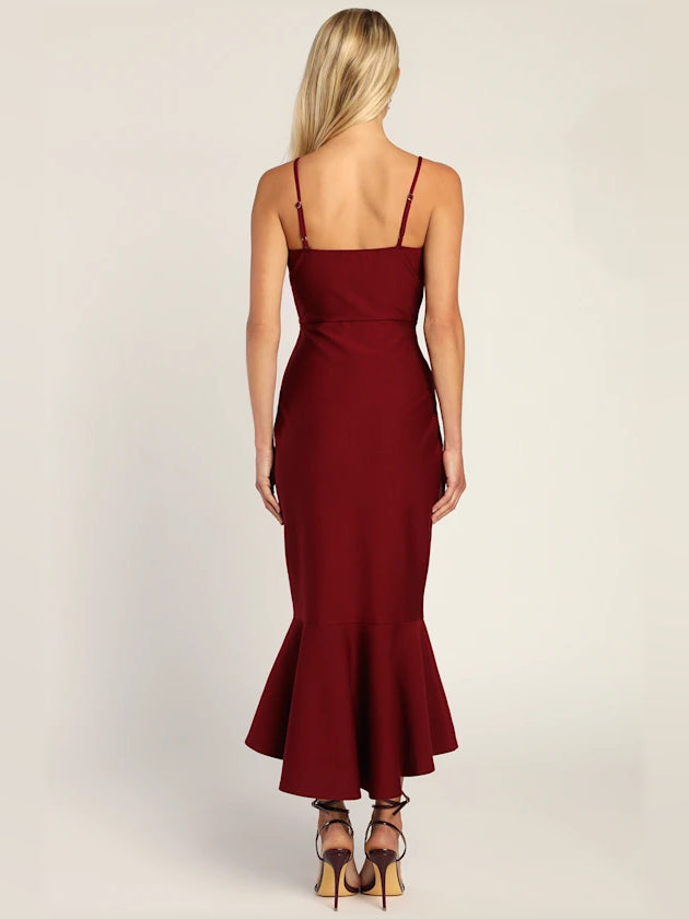 Wine Red bodycon midi formal dress, alternate view showing the waist