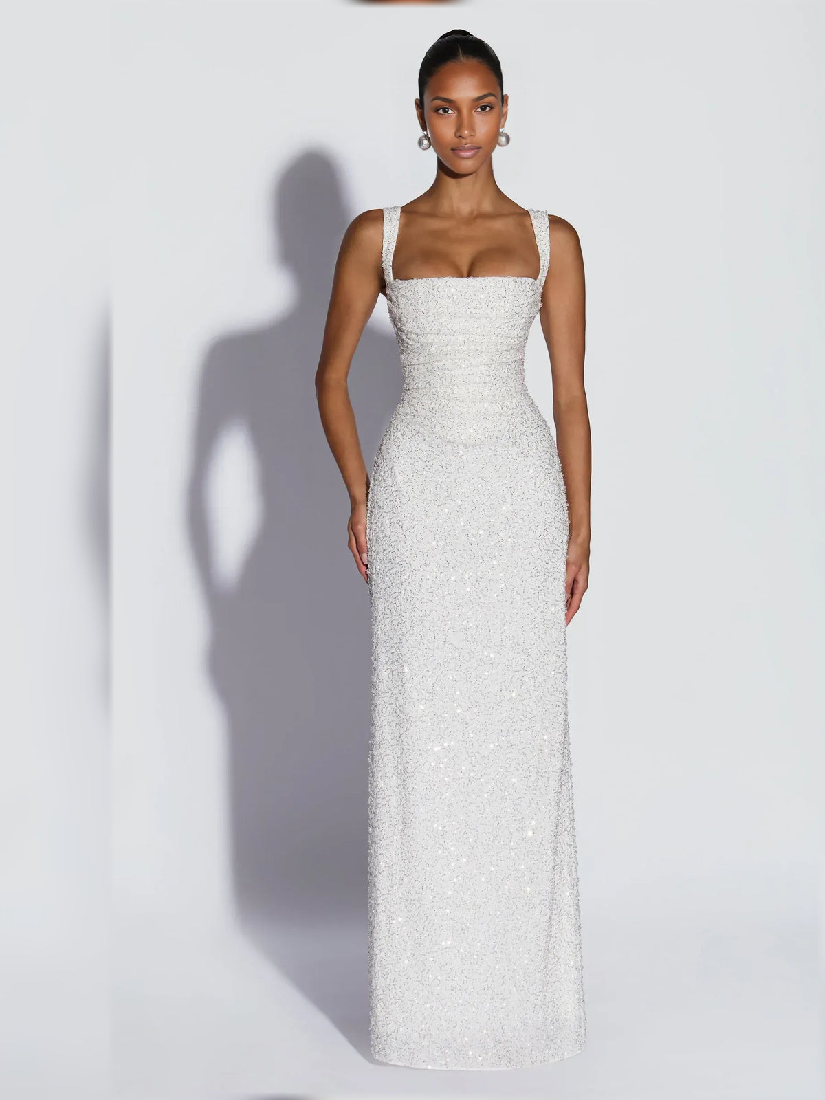 Ivory sheath floor-length formal dress with corset-style bodice, alternate view showing the waist