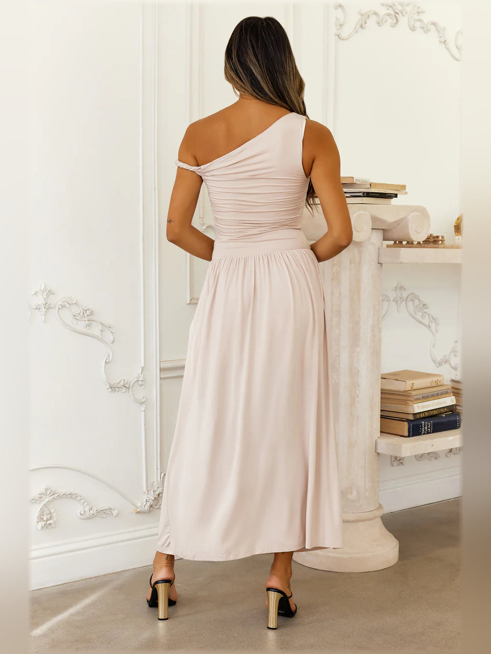 Sand midi formal dress with off-the-shoulder neckline, alternate view showing the waist