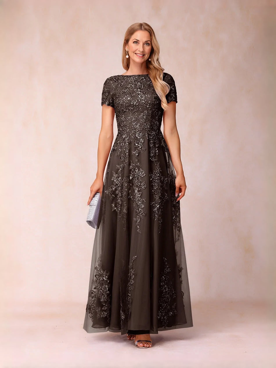 Brown floor-length mother of the bride dress, alternate view showing the overall dress design