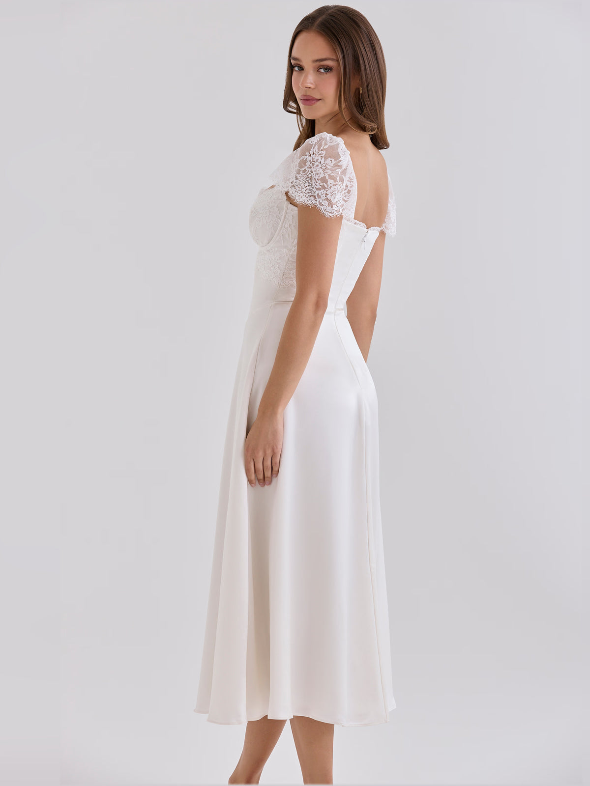 White midi formal dress, alternate view showing the waist