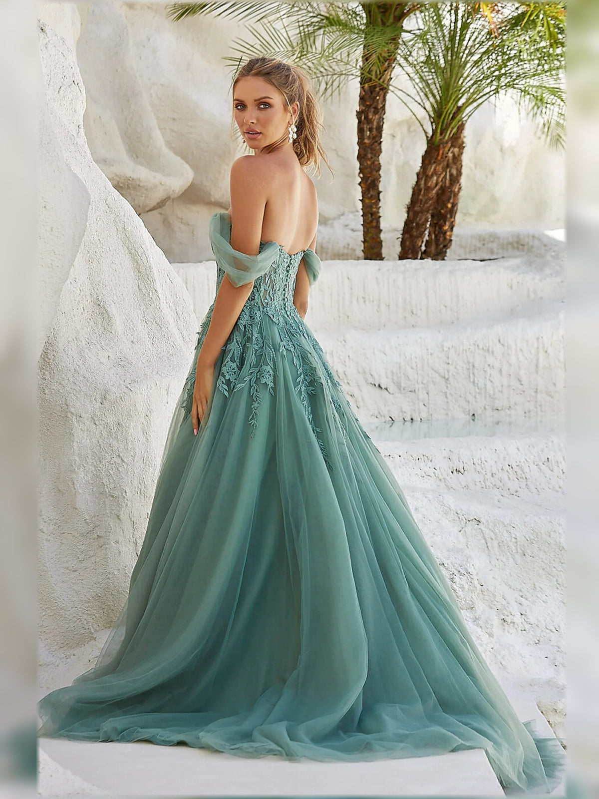 Sky Blue a-line maxi formal dress with corset-style bodice, alternate view