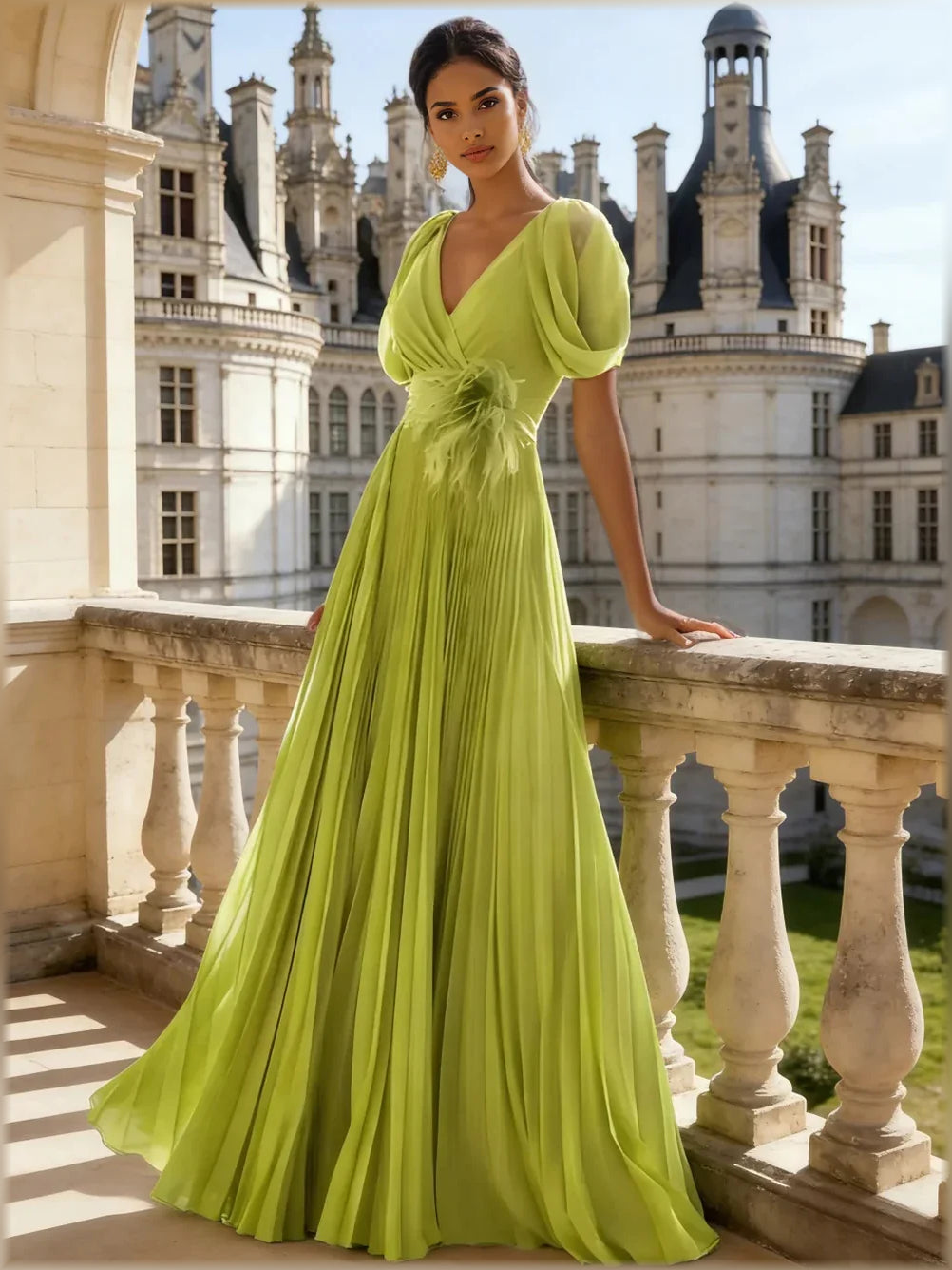Olive Green a-line floor-length formal dress with bow detail, alternate view showing the waist