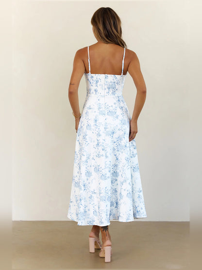 Blue midi formal dress, alternate view showing the waist