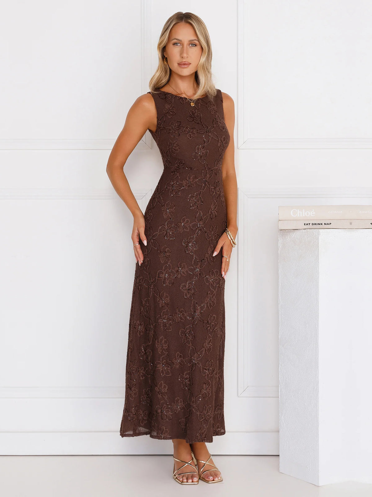 Brown a-line maxi formal dress with halter neckline, alternate view showing the waist