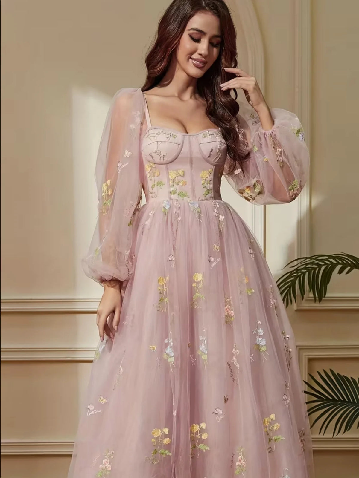 Coral midi prom dress, alternate view showing the overall dress design