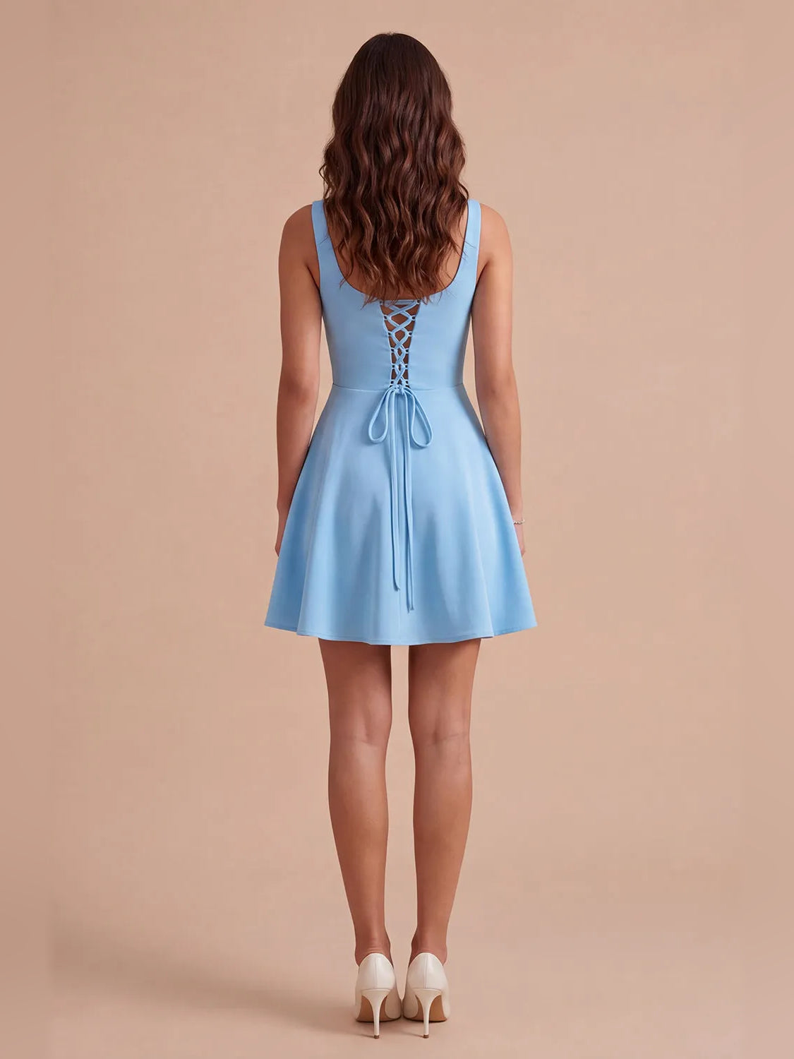 Blue mini homecoming dress, alternate view showing the overall dress design