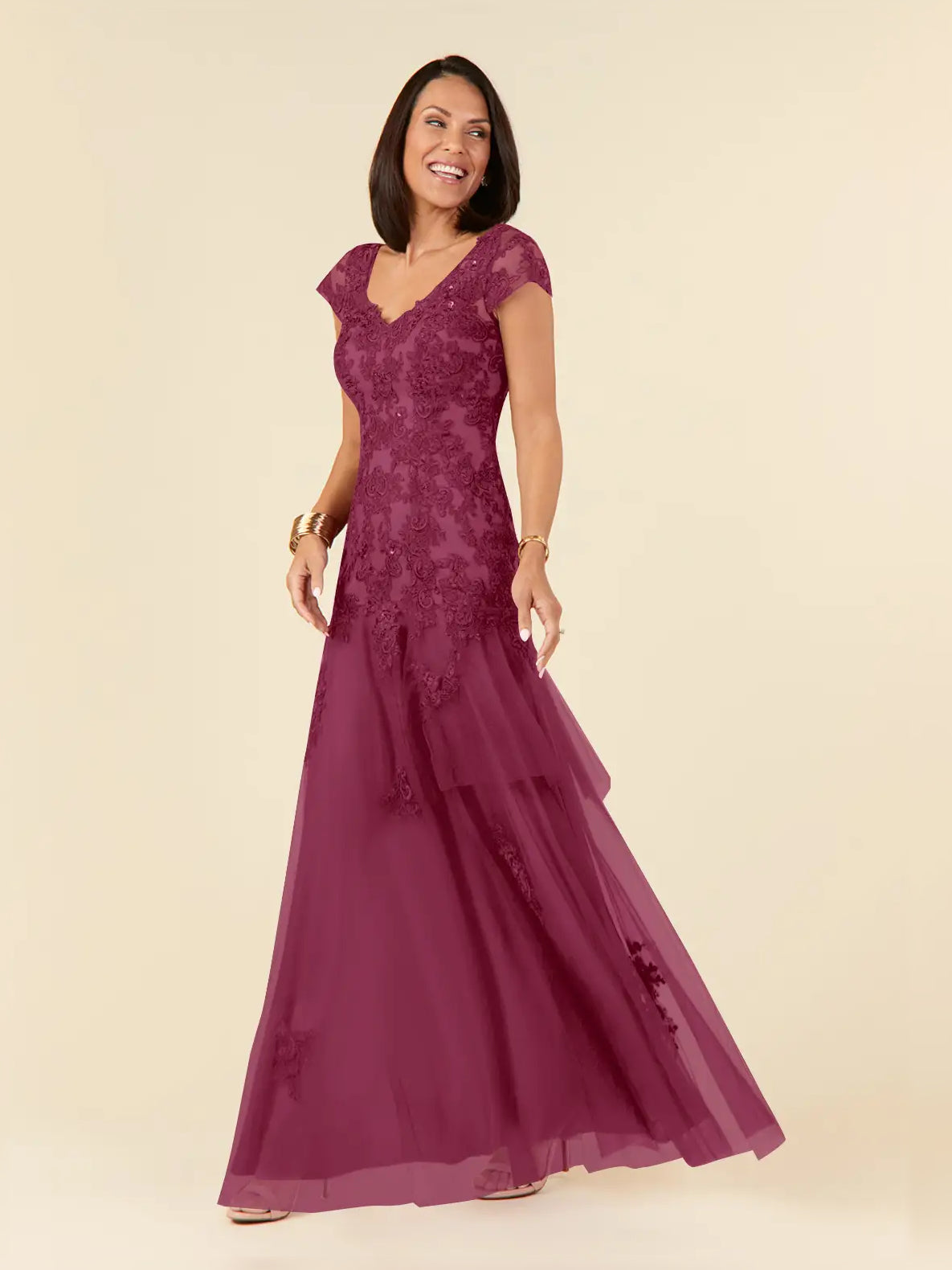 Mulberry floor-length mother of the bride dress, alternate view showing the overall dress design