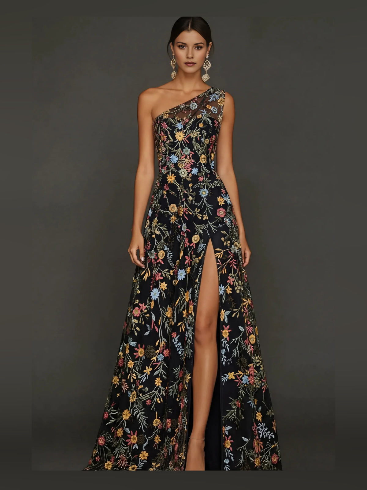 Black maxi prom dress, alternate view showing the overall dress design