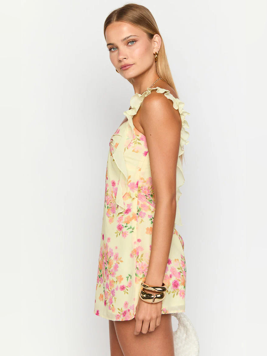 Yellow mini homecoming dress, alternate view showing the overall dress design