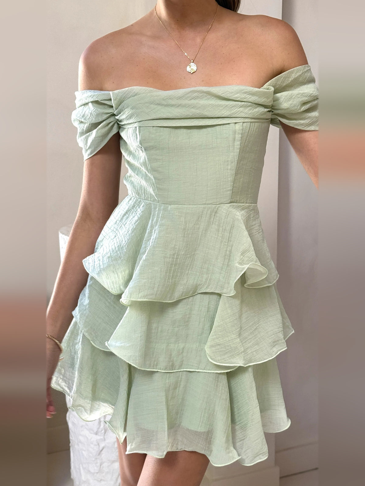 Sage mini homecoming dress, alternate view showing the overall dress design