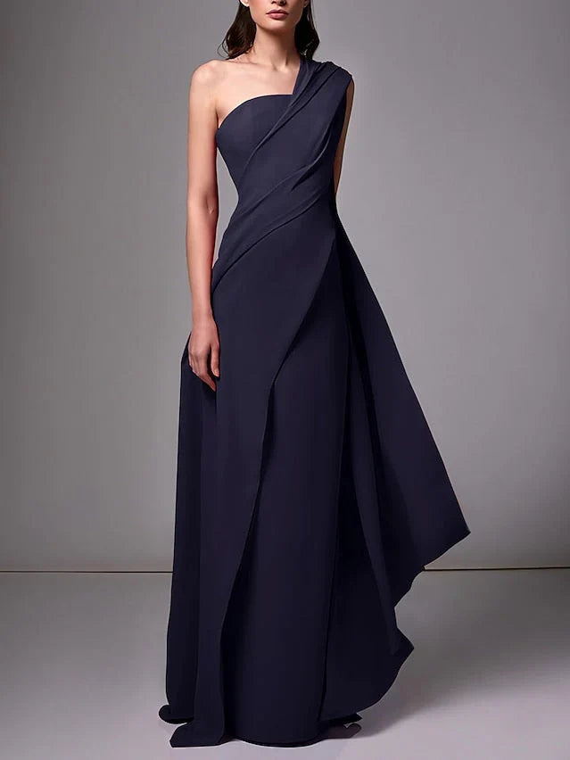 Dark Navy a-line floor-length formal dress with draping, alternate view