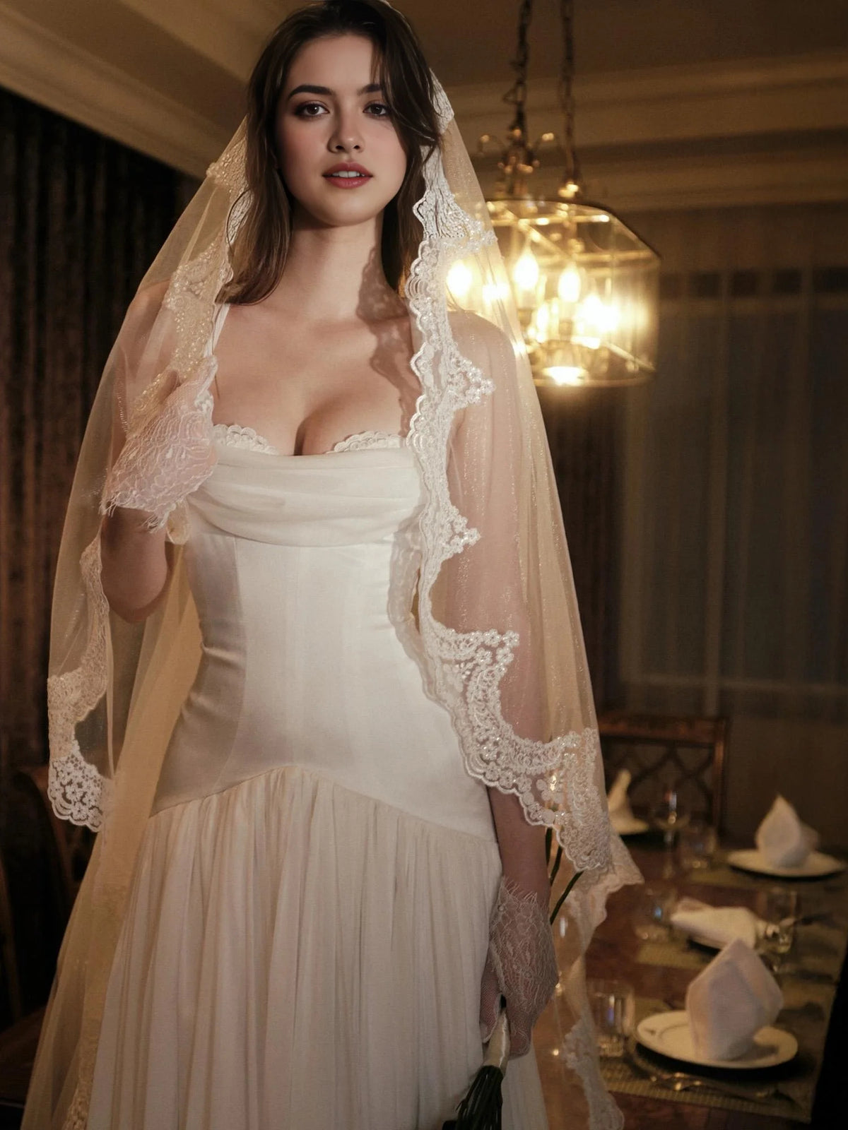 Ivory floor-length wedding dress, alternate view showing the overall dress design