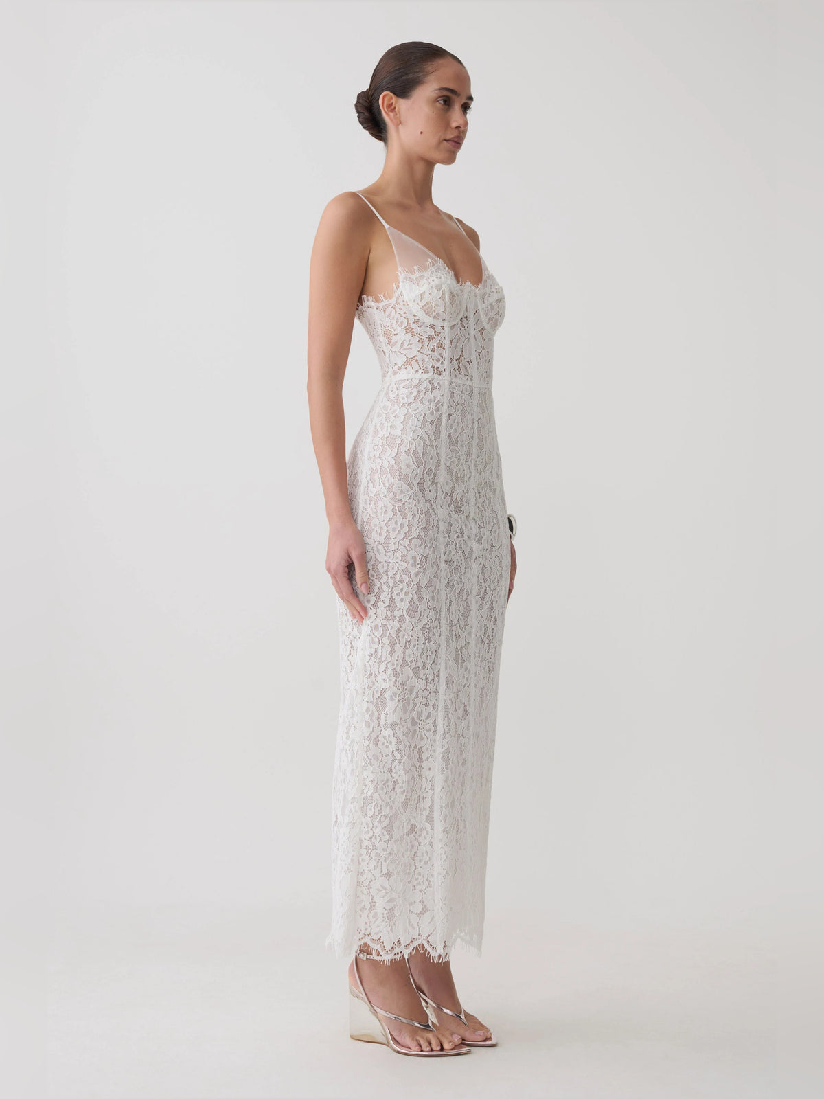 White midi formal dress, alternate view showing the waist