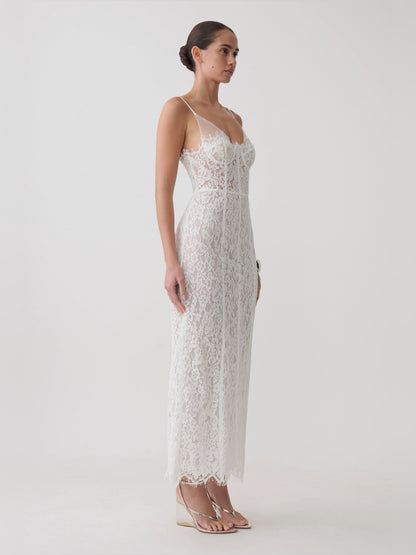 White midi formal dress, alternate view showing the waist