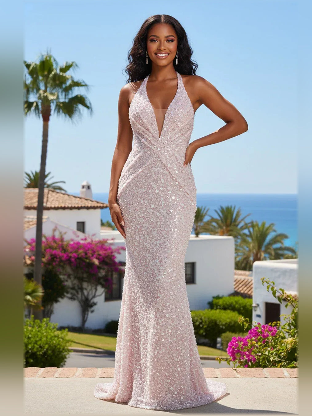 Blush Pink a-line floor-length formal dress with sequins, alternate view