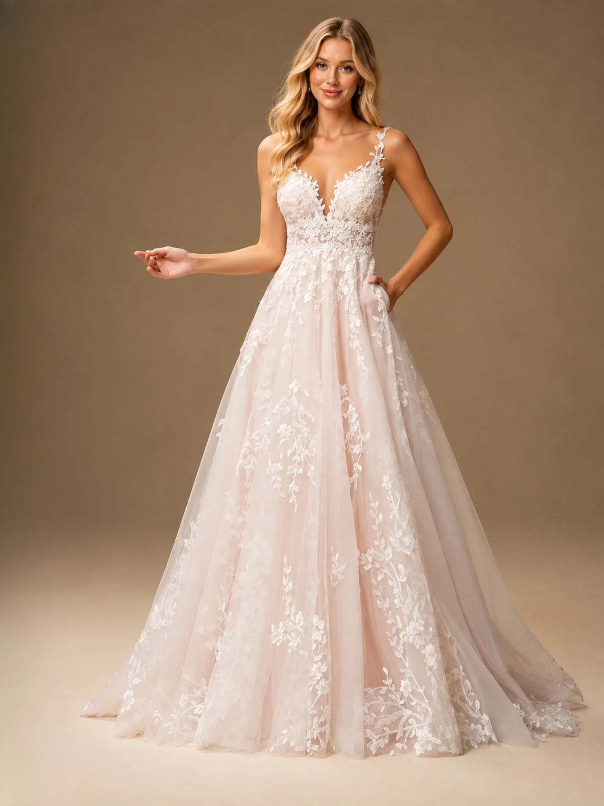 Ivory floor-length wedding dress, alternate view showing the overall dress design