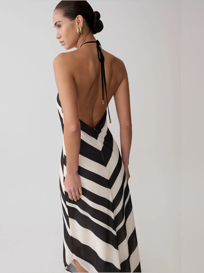 White midi formal dress with halter neckline, alternate view showing the waist