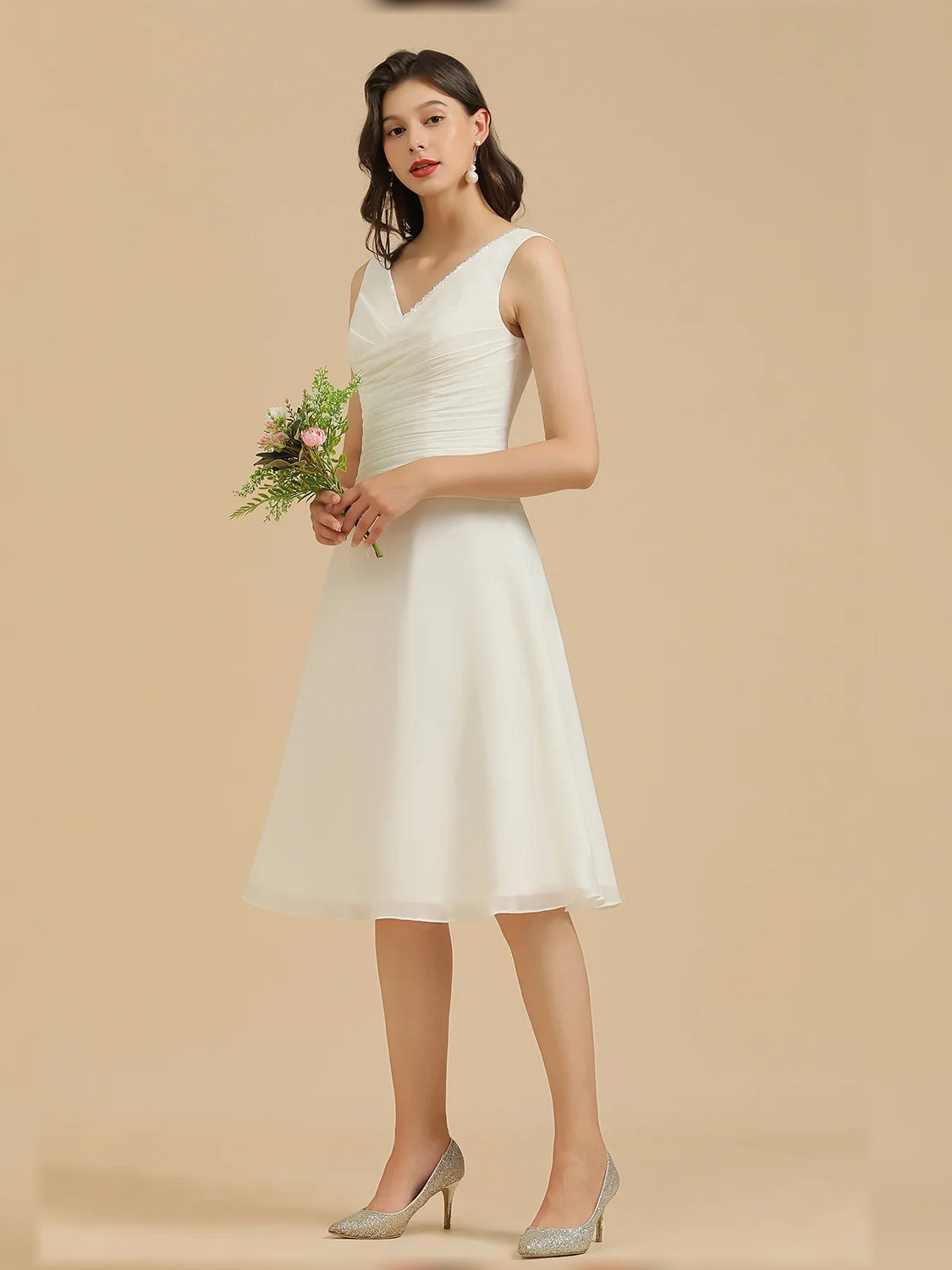 White mini bridesmaid dress, alternate view showing the overall dress design
