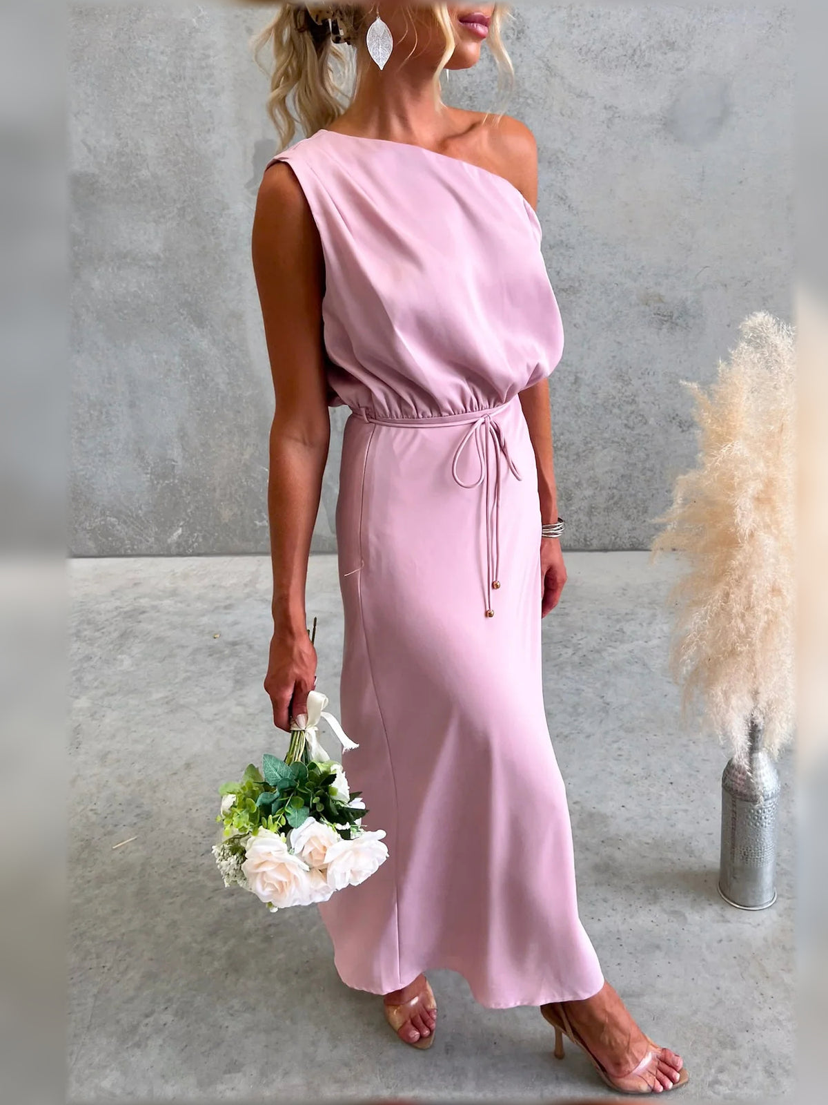 Pink ankle-length bridesmaid dress, alternate view showing the overall dress design