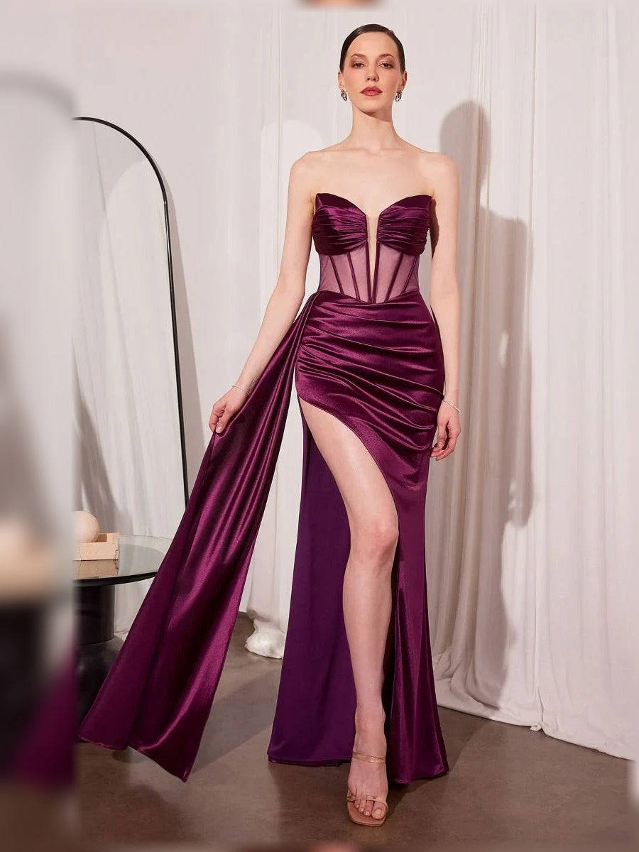 Olive Green sheath floor-length formal dress with skirt slit, alternate view