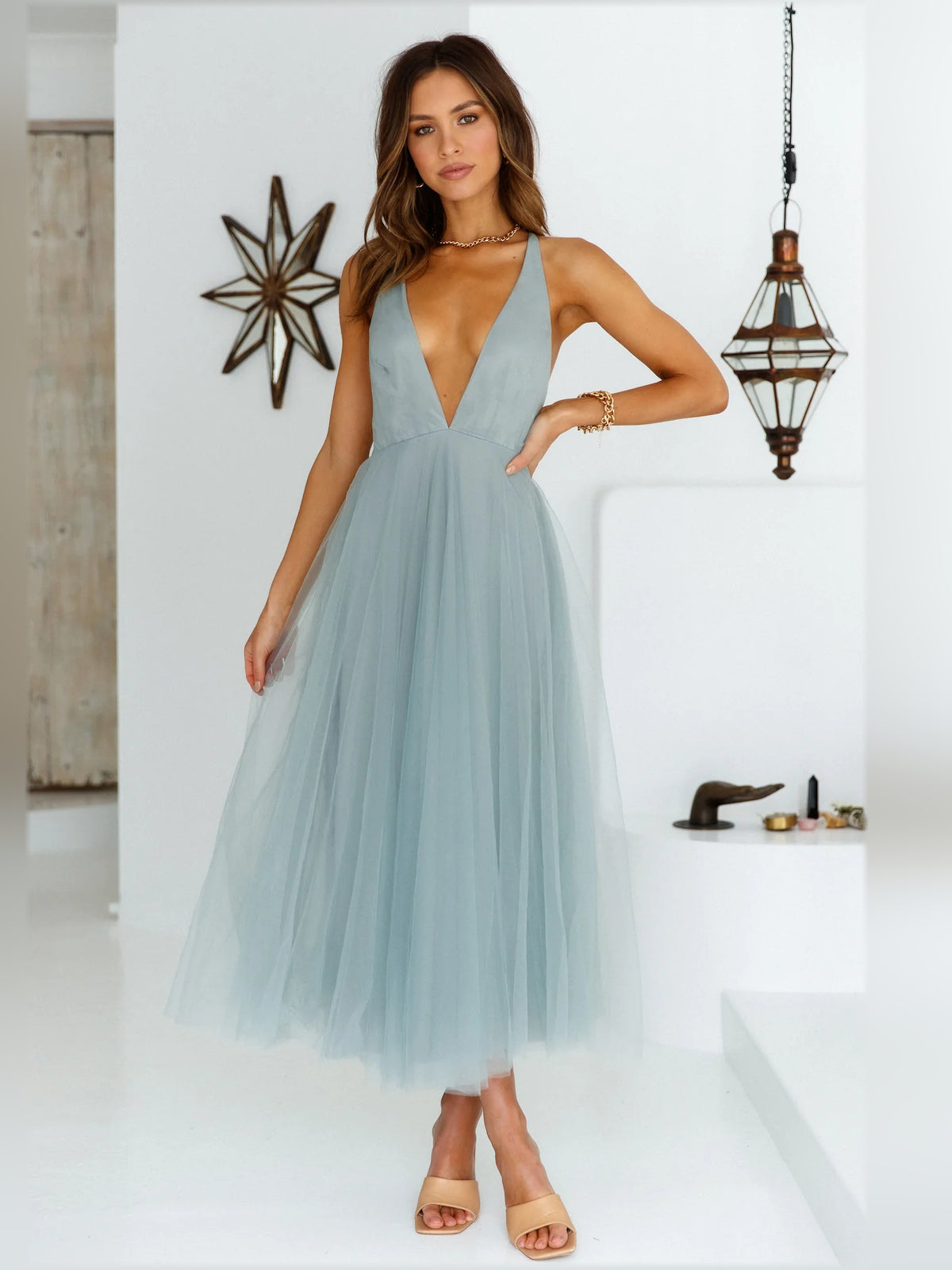 Sage midi formal dress, alternate view showing the waist