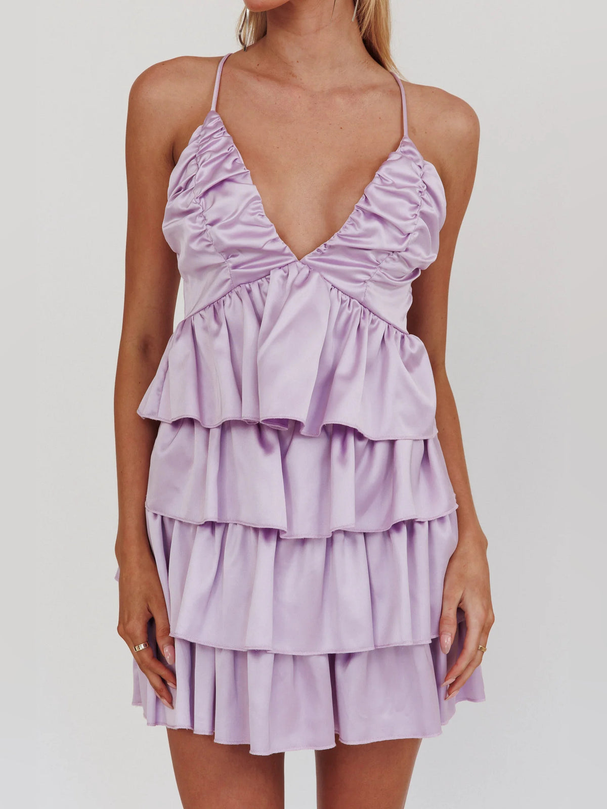 Lilac mini homecoming dress, alternate view showing the overall dress design