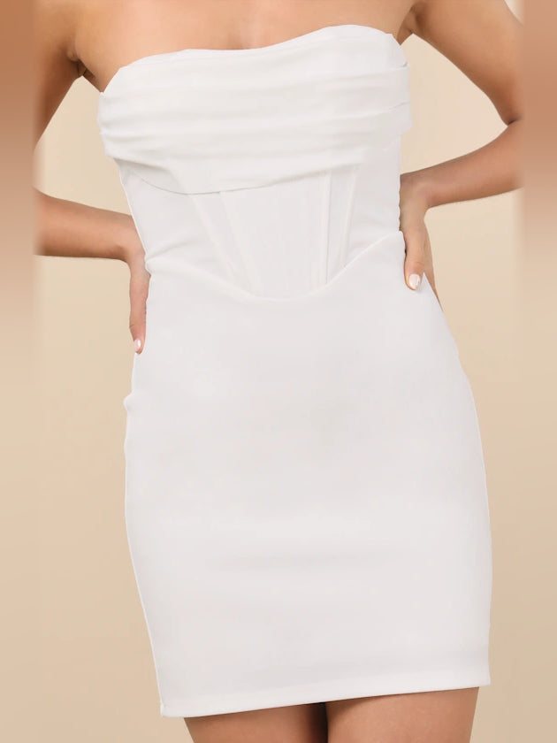 White mini homecoming dress, alternate view showing the overall dress design