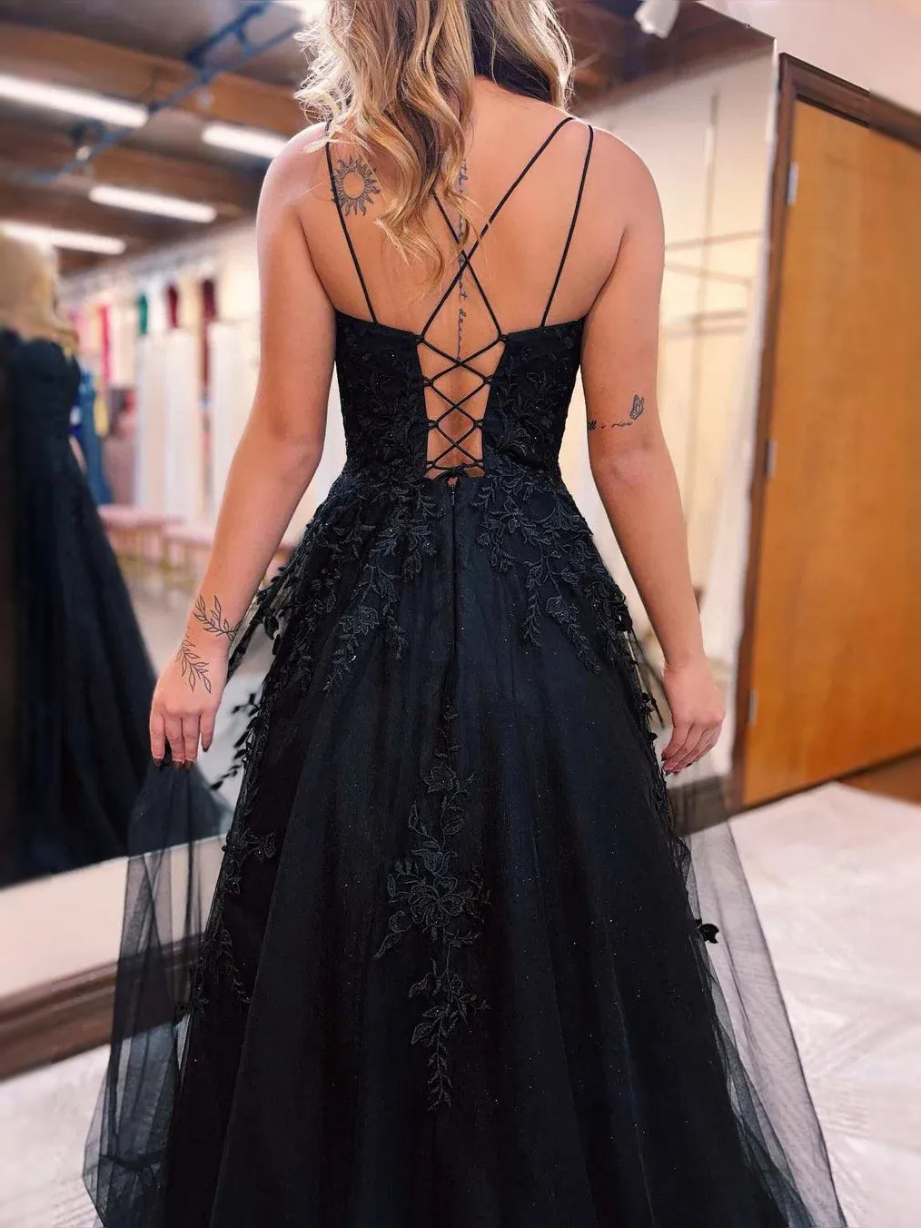 Black maxi prom dress, alternate view showing the overall dress design