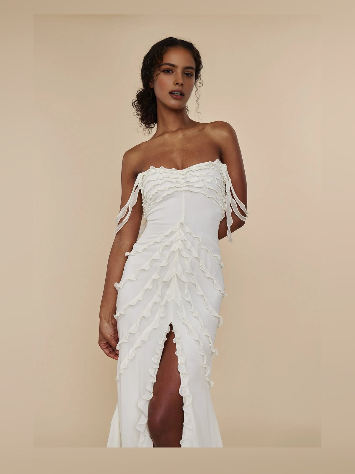 Ivory white floor-length prom dress, alternate view showing the overall dress design