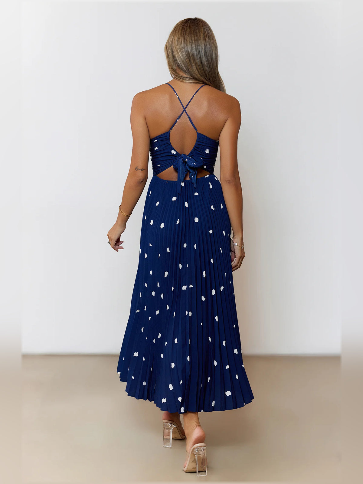 Navy midi formal dress, alternate view showing the waist