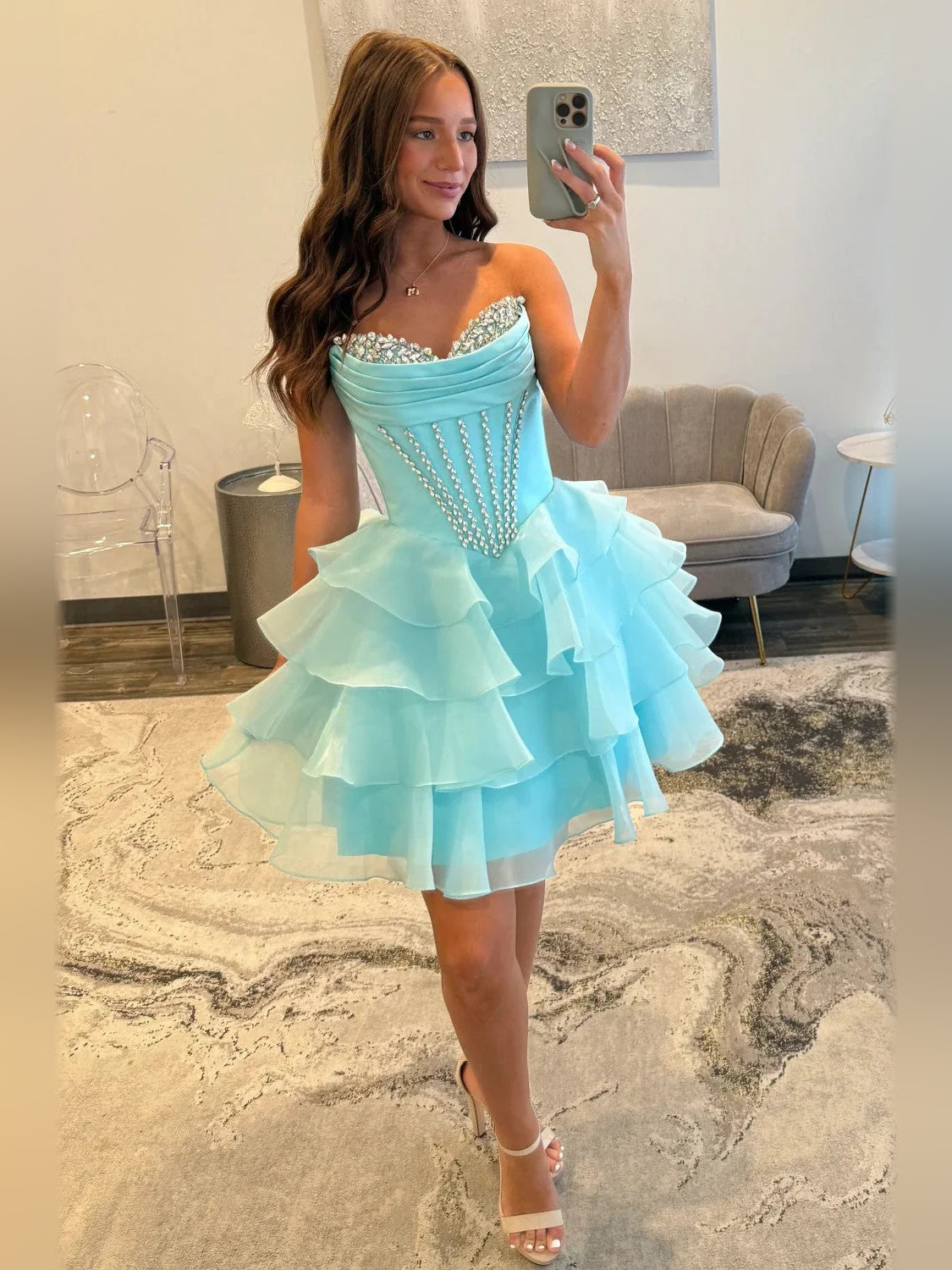 Ice Blue mini homecoming dress, alternate view showing the overall dress design