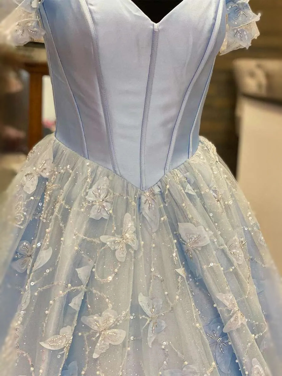 Sky Blue maxi prom dress, back view showing the rear of the dress in an additional pose