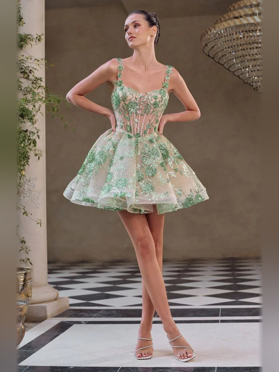 Dusty Sage mini homecoming dress, alternate view showing the overall dress design