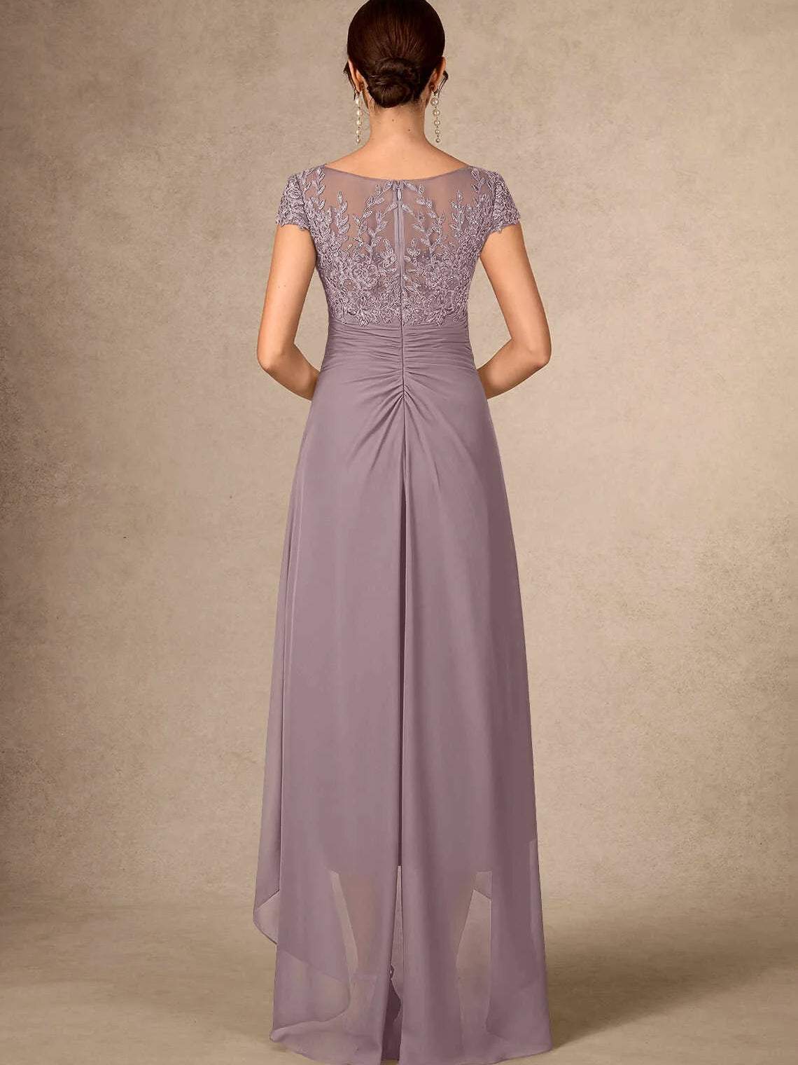 Navy high-low mother of the bride dress, alternate view showing the overall dress design