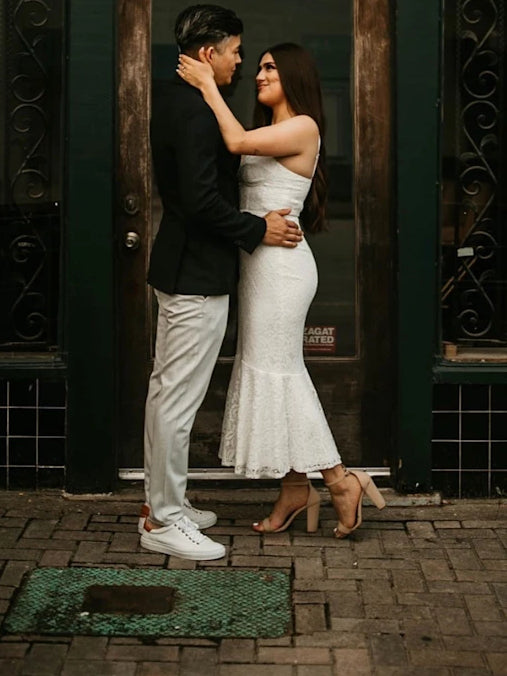 White midi formal dress, alternate view showing the waist