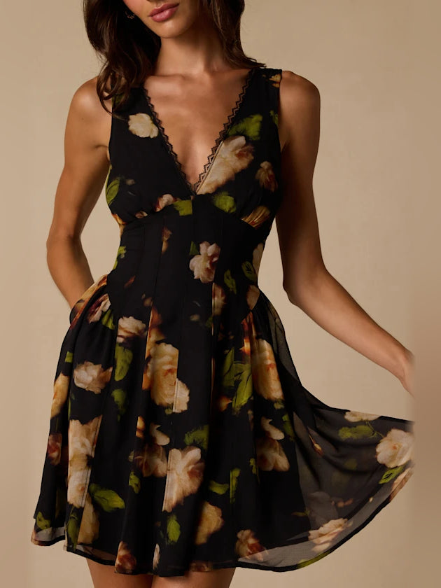 Black Floral mini homecoming dress, alternate view showing the overall dress design