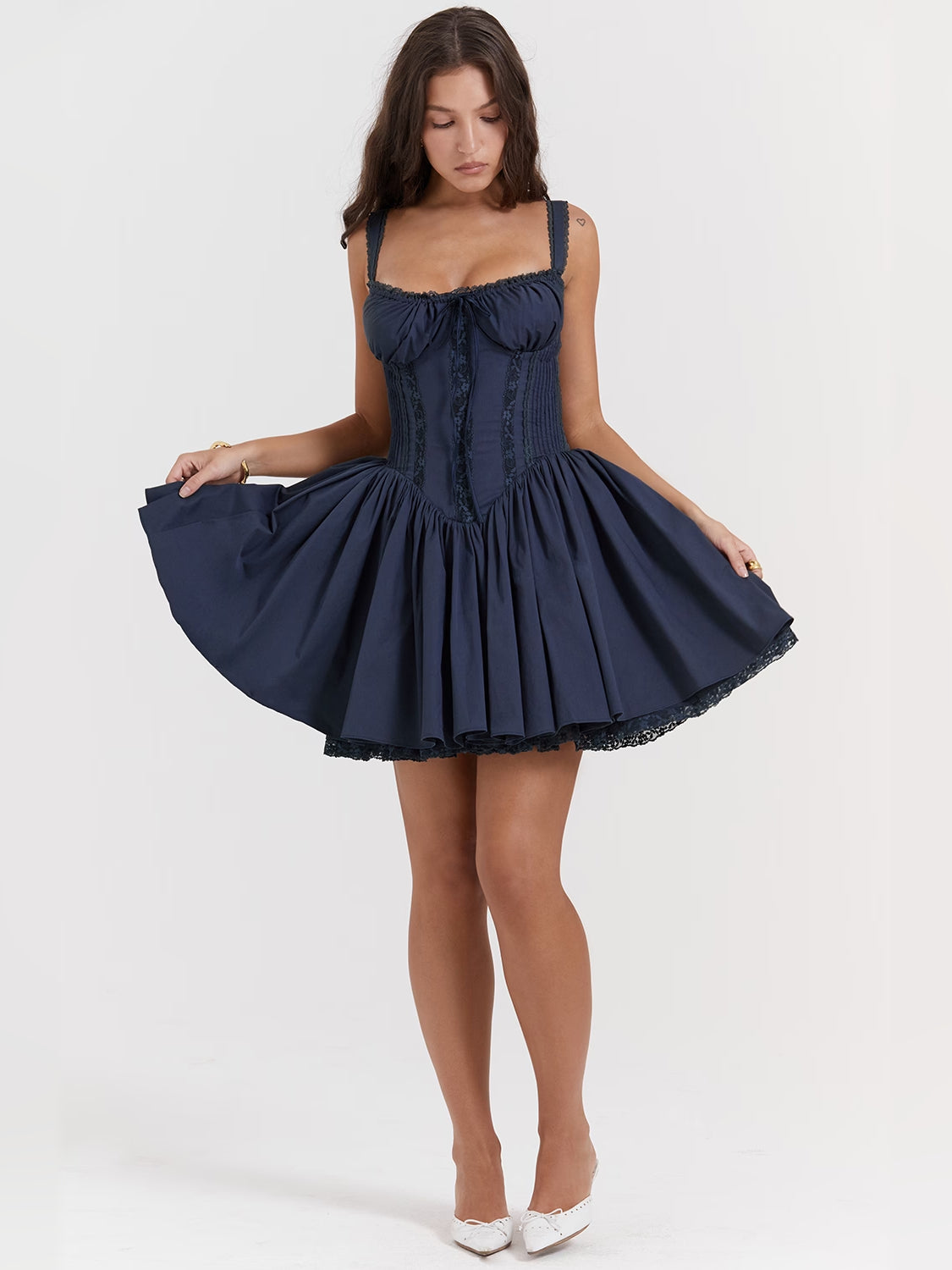 Navy mini homecoming dress, alternate view showing the overall dress design