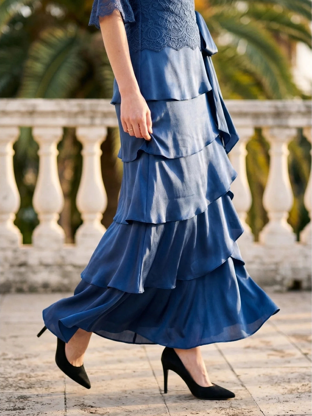 Dark Blue floor-length mother of the bride dress, alternate view showing the overall dress design