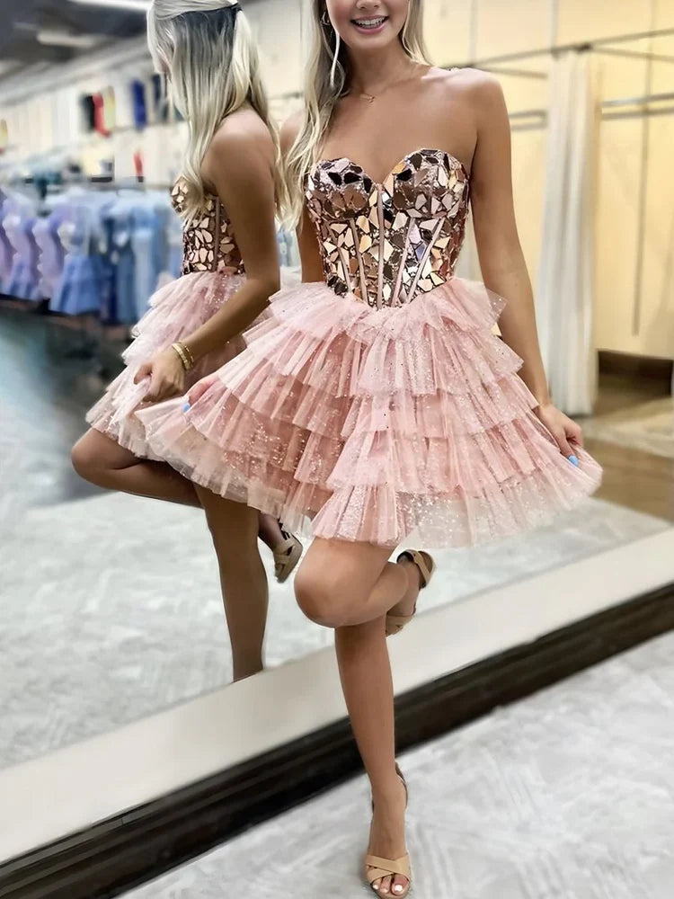 Blush Pink mini homecoming dress, alternate view showing the overall dress design