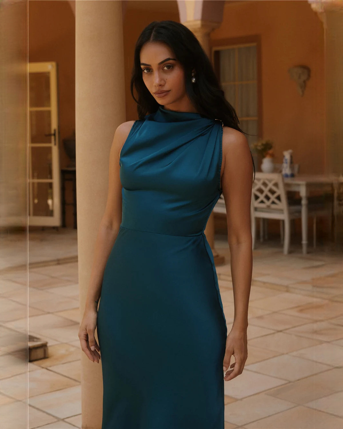 sleeveless satin a-line midi bridesmaid dress - image 4