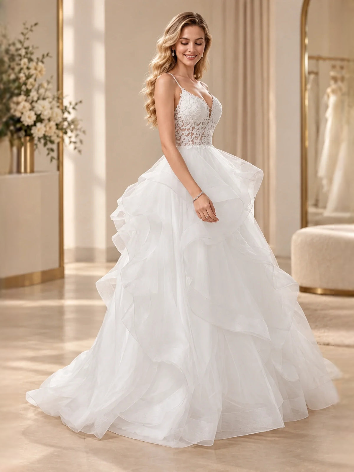 Ivory floor-length wedding dress, alternate view showing the overall dress design