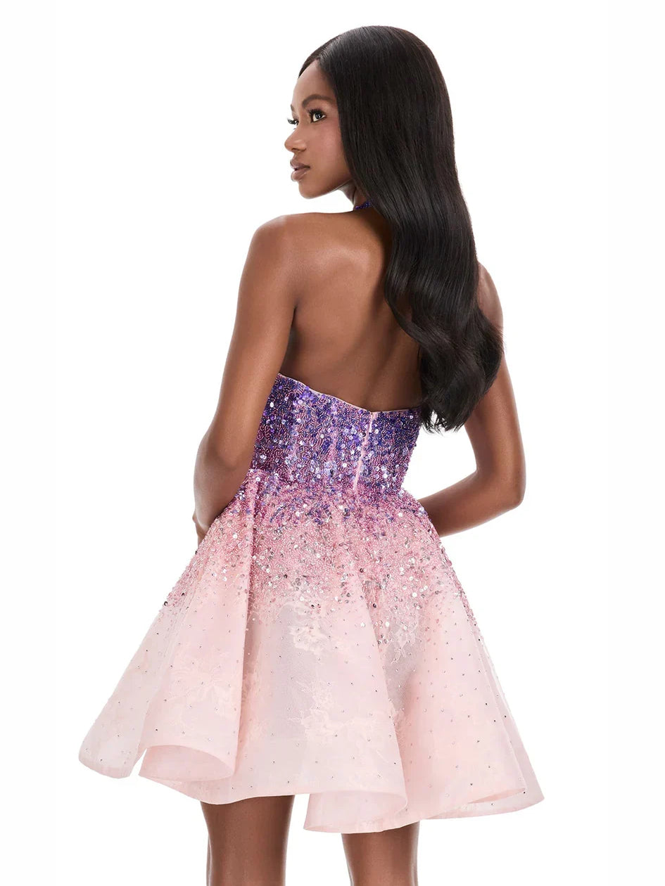 Blue mini homecoming dress, alternate view showing the overall dress design