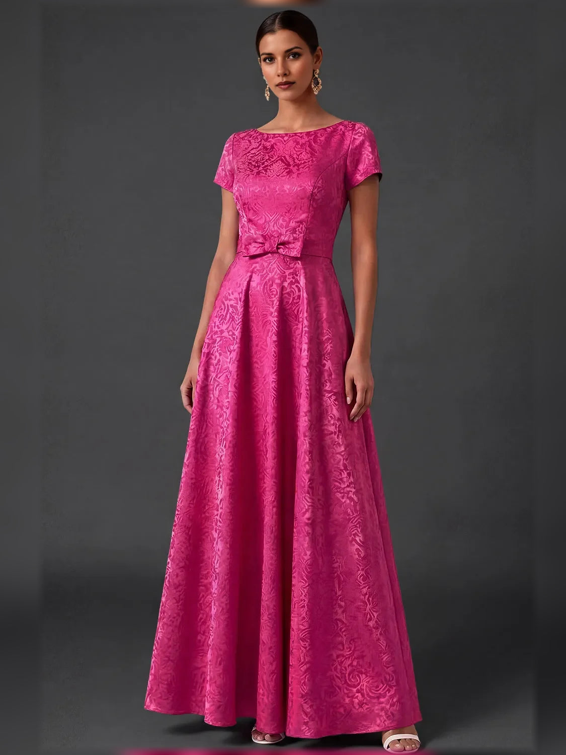 Fuchsia short mother of the bride dress, alternate view showing the overall dress design