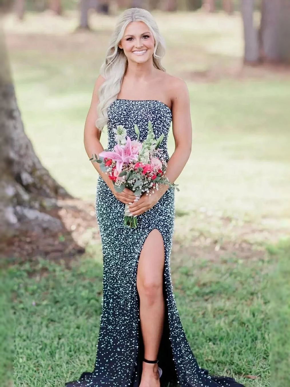 Pink floor-length prom dress, alternate view showing the overall dress design