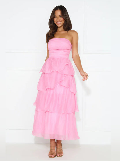Pink midi formal dress with strapless neckline, alternate view showing the waist
