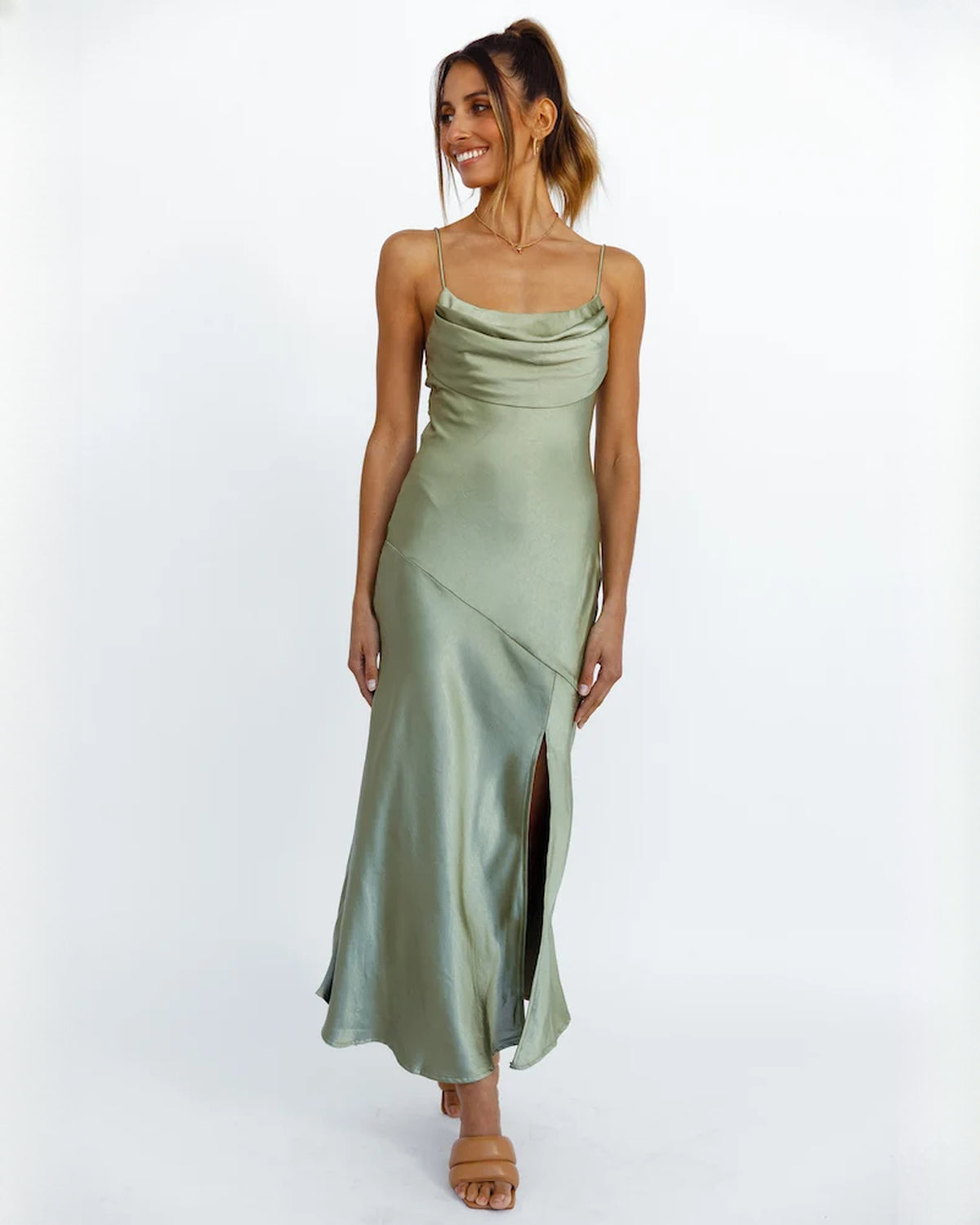 sleeveless satin a-line maxi bridesmaid dress - image 4